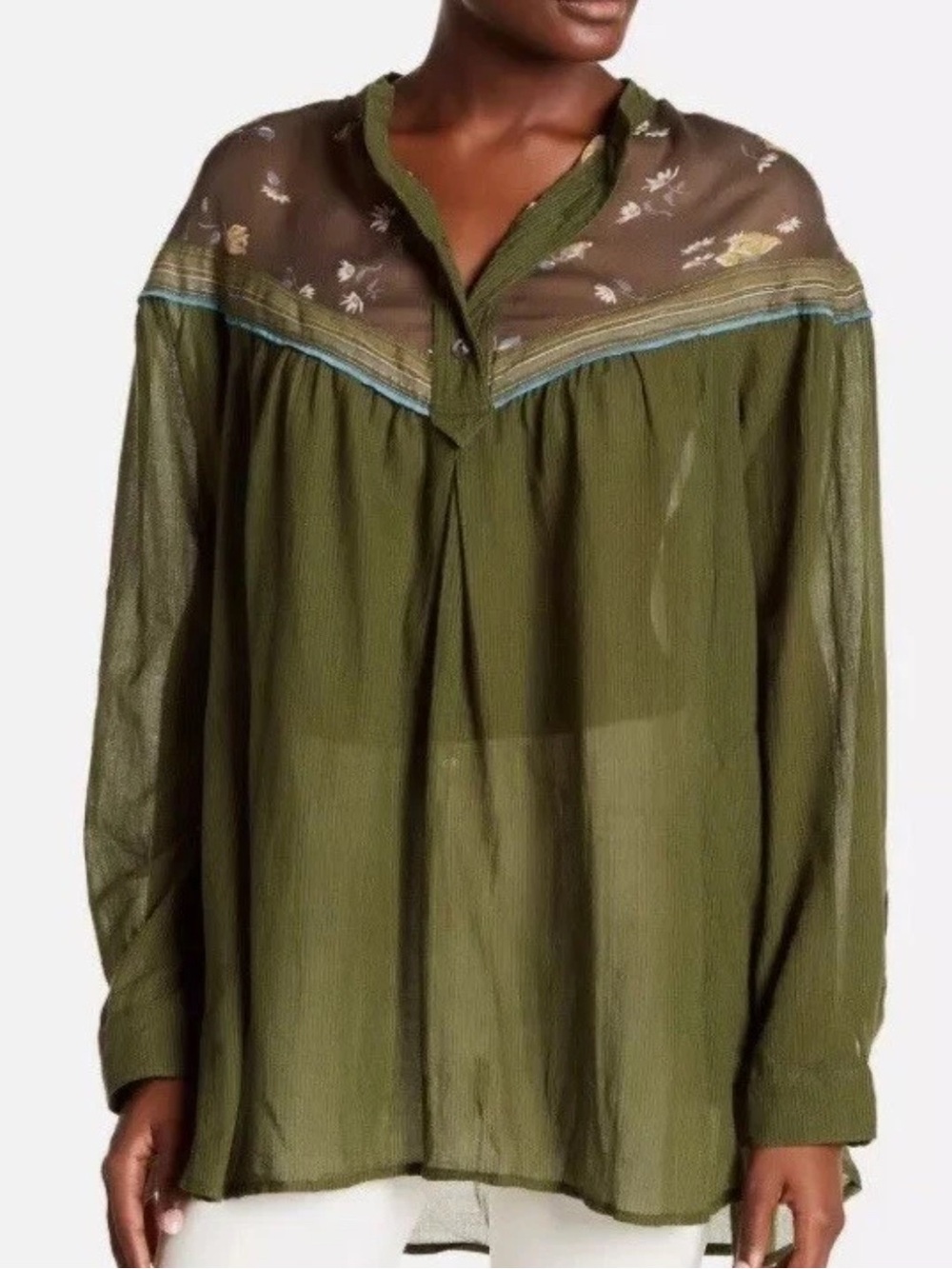 Free People Olive Green Textured Peasant Top XS cotton